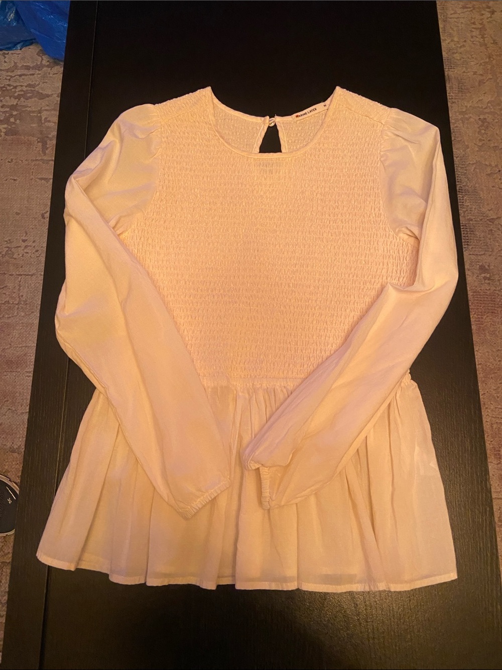 Marine Layer Cream Smocked Peplum Long Sleeve Top